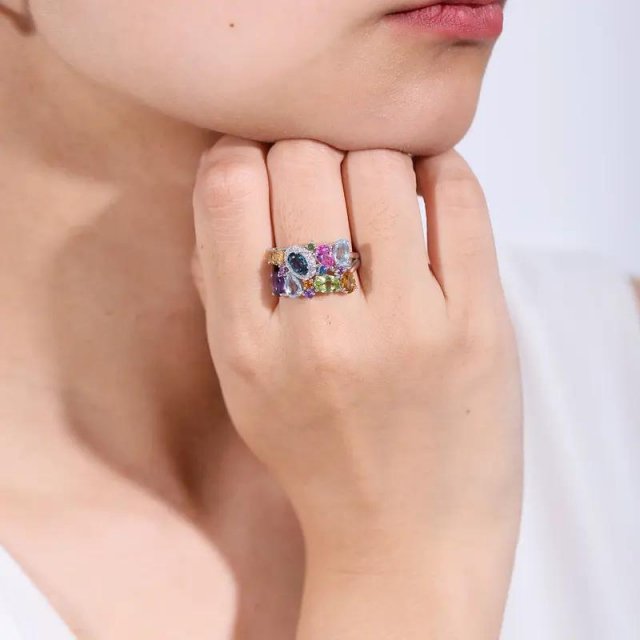 Multicolor Natural Citrine, Amethyst, Peridot, and Topaz Adjustable Sterling Silver Cocktail Ring