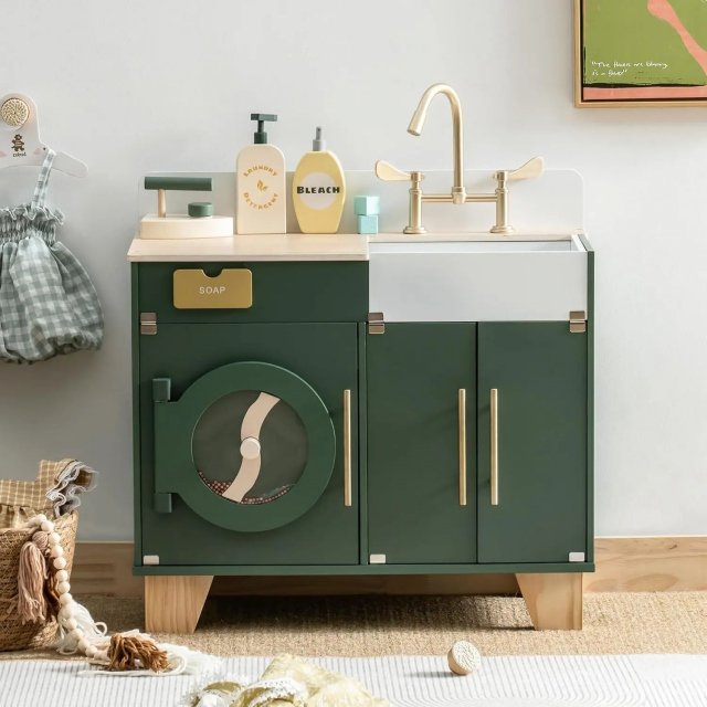 Vintage Green Wooden Toy Washer and Dryer Kitchen Playset for Kids