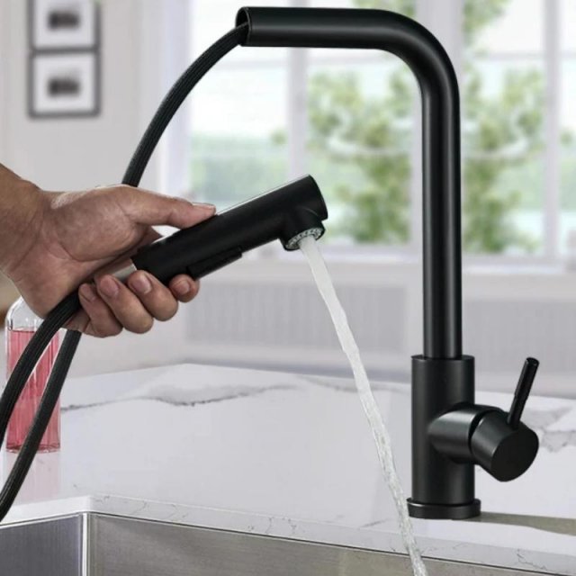 Black 360° Rotation Stream Sprayer Nozzle Stainless Steel Kitchen Sink Faucet