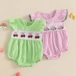 Baby Girl Fly Sleeves Romper with Fruit Embroidery & Plaid Print Summer Jumpsuit