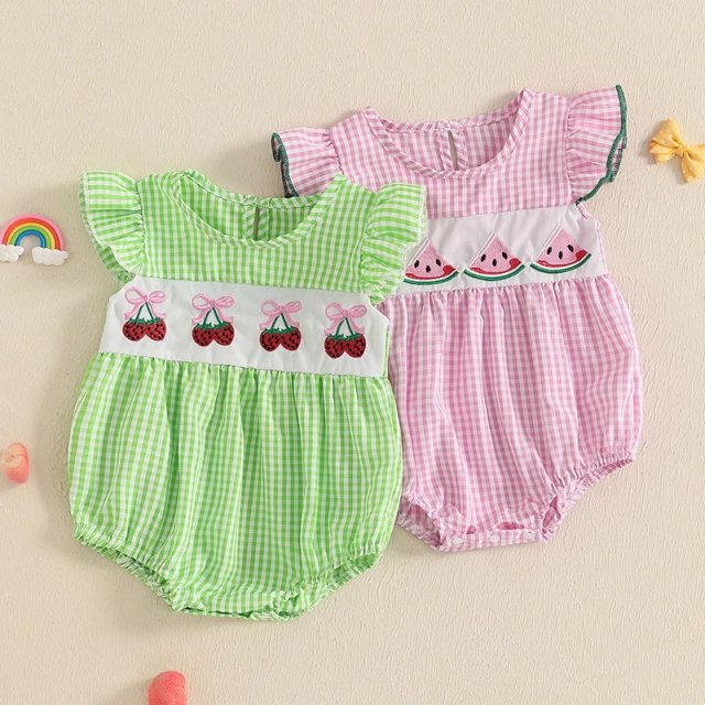 Baby Girl Fly Sleeves Romper with Fruit Embroidery & Plaid Print Summer Jumpsuit