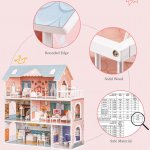 Wooden Dollhouse with 28 Furniture Pieces for 3.3” Dolls – Educational Toy for Kids 3+