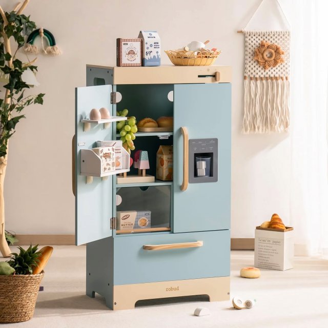 Wooden Kids Play Refrigerator with Ice Dispenser – Blue Toy Kitchen Set