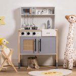 Classic Gray Wooden Play Kitchen Set for Kids – Pretend Play Kitchen with Realistic Features