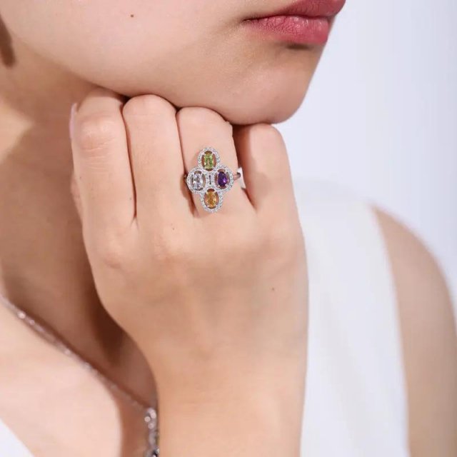 925 Sterling Silver Clover Flower Ring with Natural Amethyst, Peridot, Topaz & Citrine