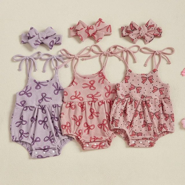 Baby Girl Summer Romper Tie Strap Bow Print Jumpsuit with Headband