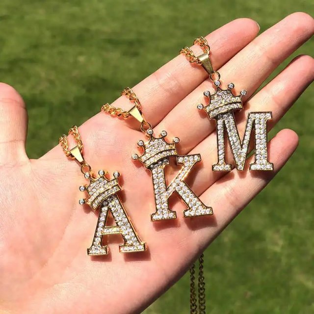 Zircon Crown Initial Letter Necklace for Women & Men