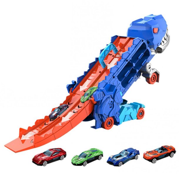 Dinosaur Transport Truck Hauler with Foldable Sliding Race Track and Diecast Cars