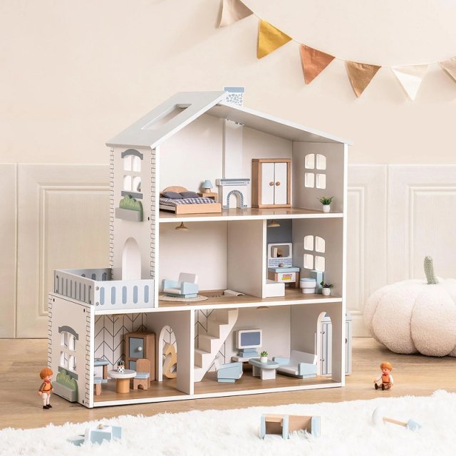 Wooden Dollhouse with 29 Accessories & Customizable Lighting