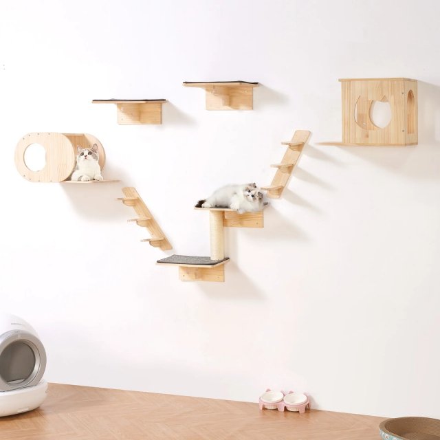 Wall Mounted Cat Shelves Set of 7 for Climbing, Playing, and Sleeping