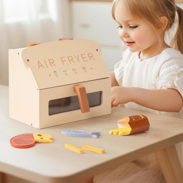 Wooden Air Fryer Play Kitchen Set with Accessories for Kids - Pretend Cooking Set