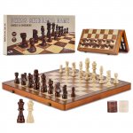 15" Magnetic Wooden Folding Chess & Checkers Set – 2-in-1 Board Game