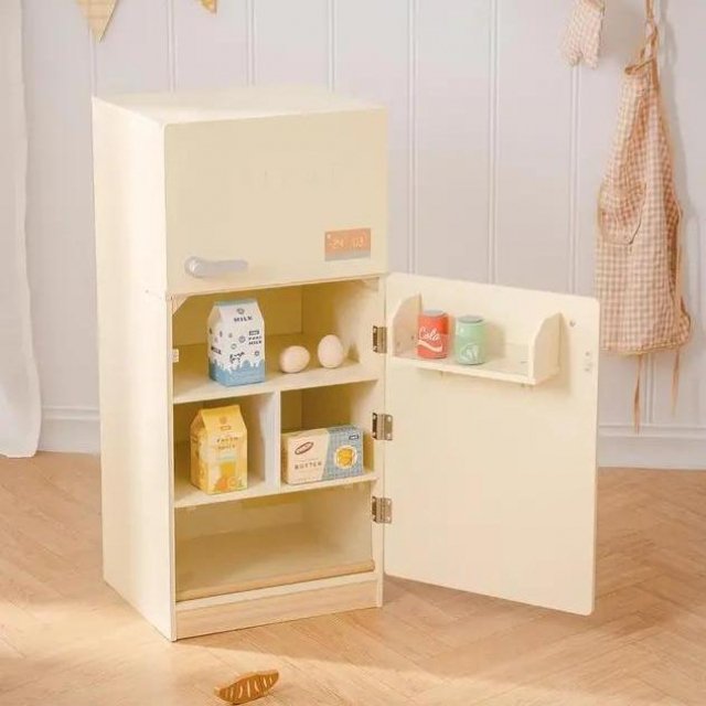 Wooden Toy Refrigerator Play Kitchen Set with Accessories for Kids
