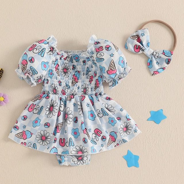 Newborn Baby Girl Fourth of July Puff Smocked Romper & Headband Set