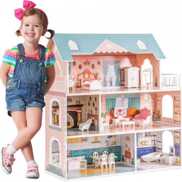 Wooden Dollhouse with 28 Furniture Pieces for 3.3” Dolls – Educational Toy for Kids 3+
