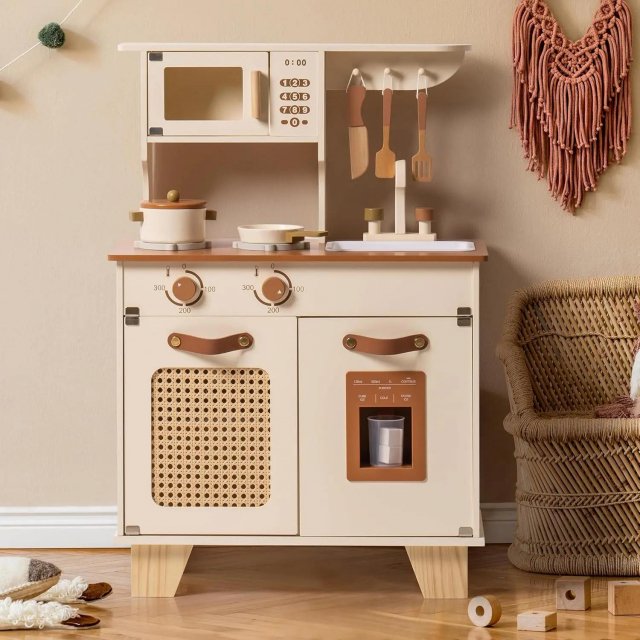 Wooden Kids Play Kitchen with Ice Maker & Accessories - Pretend Cooking Toy for Children