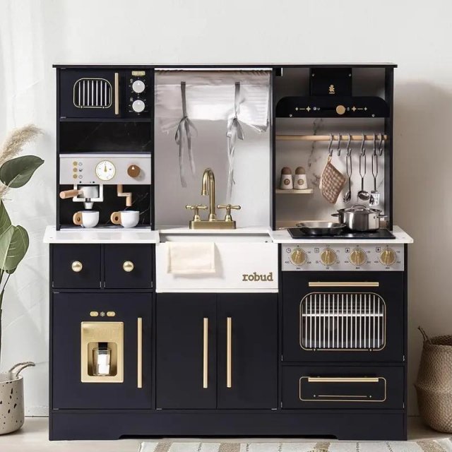 Wooden Play Kitchen Set with Wash Basin, Microwave & Cookware Accessories – Black & White