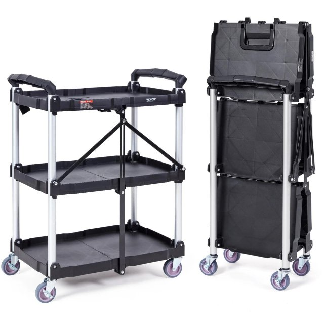 Foldable Utility Service Cart 3 Shelf with Lockable Wheels for Heavy Loads