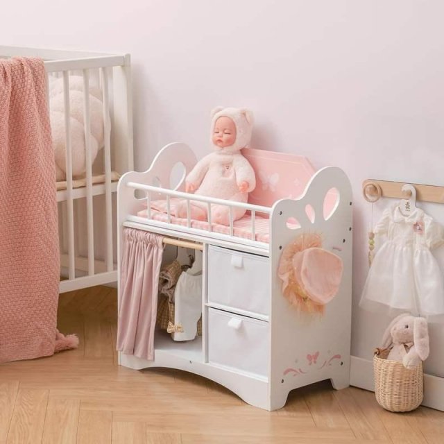 Wooden Baby Doll Crib with Storage – Pink Crib for Dolls up to 21 Inches