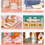 Wooden Dollhouse with 28 Furniture Pieces for 3.3” Dolls – Educational Toy for Kids 3+