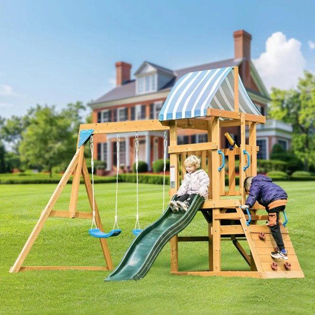 Wooden Swing Set with Dual Swings, Slide, Climbing Wall & Chalkboard for Kids