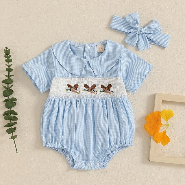 Baby Girl Summer Romper with Duck Embroidery & Doll Collar Headband Set