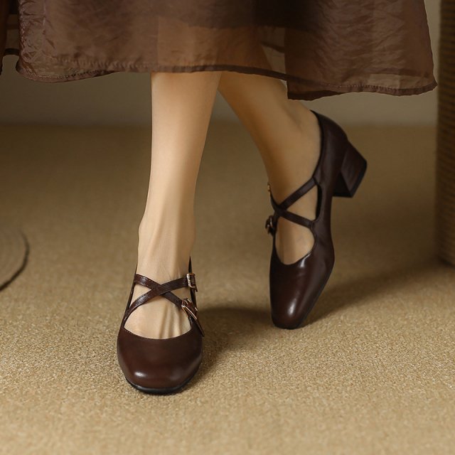 Spring Retro Square Heeled Mary Janes with Buckle Strap for Women - Image 3