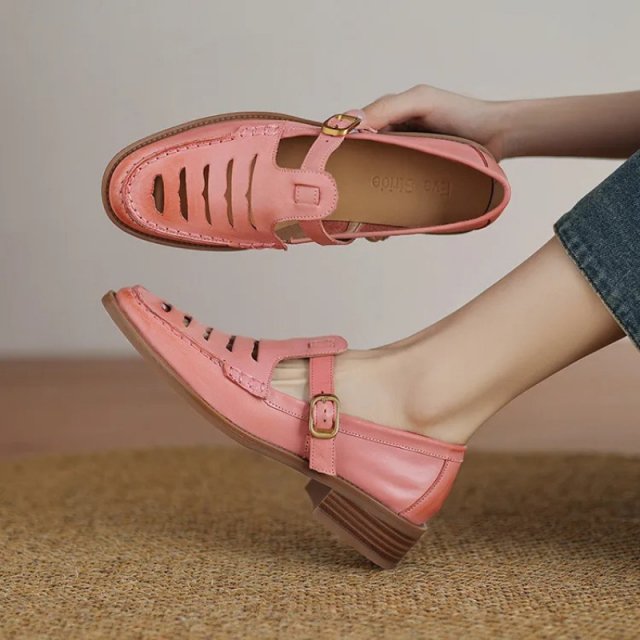 Genuine Leather Hollow Out Mary Jane Loafers for Women with Round Toe - Image 4