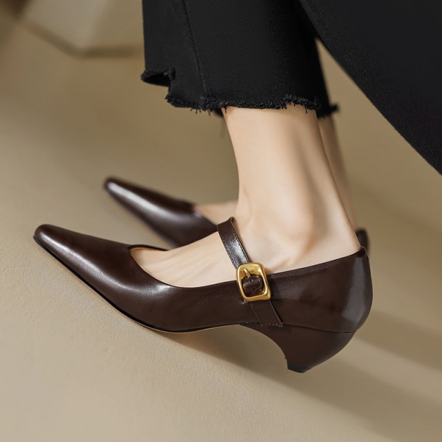 Elegant Pointed Toe Mary Jane High Heel Pumps – Genuine Leather, Size 4-9 - Image 4