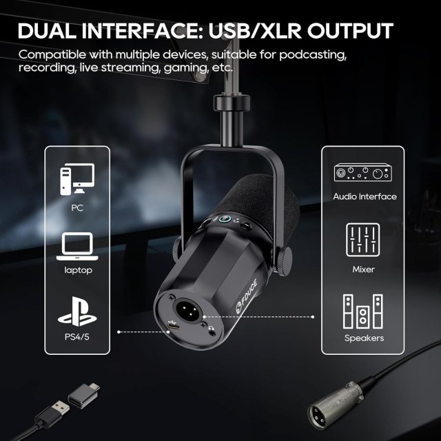 Professional USB/XLR Dynamic Microphone Kit with Arm Stand & Headset Output - Image 4