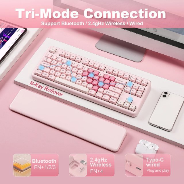 Pink 87-Key Mechanical Gaming Keyboard with RGB, Wrist Rest & Wireless - Image 3