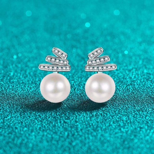 925 Silver Pearl Moissanite Stud Earrings Elegant Minimalist Jewelry for Women - Image 6
