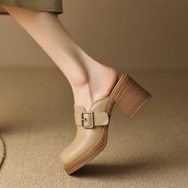 Elegant Summer Leather Mules for Women – Retro Slip-On Heels with Buckle - Image 5