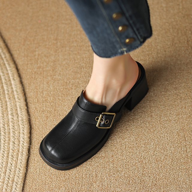 Elegant Summer Leather Mules for Women – Retro Slip-On Heels with Buckle - Image 3