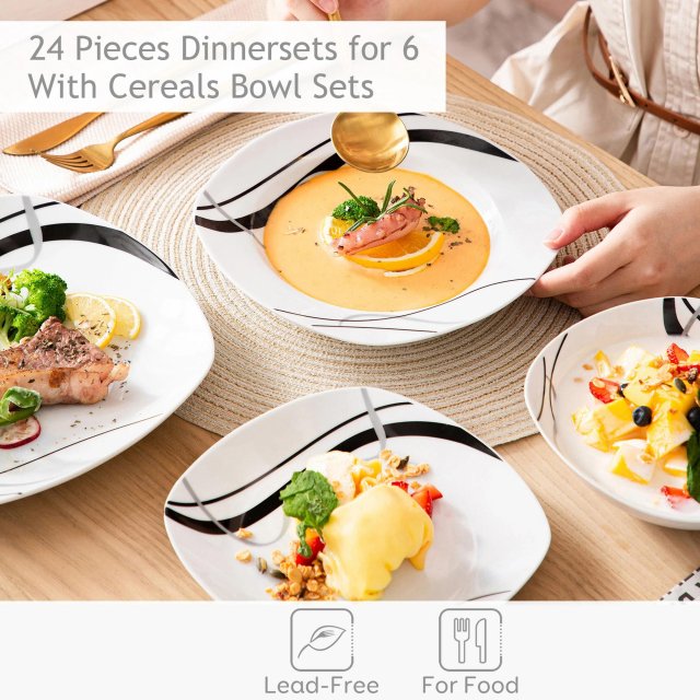 Porcelain Dinnerware Set for 6, 18 Pcs, Square Plates with Black Line - Image 3