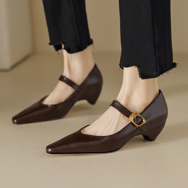 Elegant Pointed Toe Mary Jane High Heel Pumps – Genuine Leather, Size 4-9 - Image 3