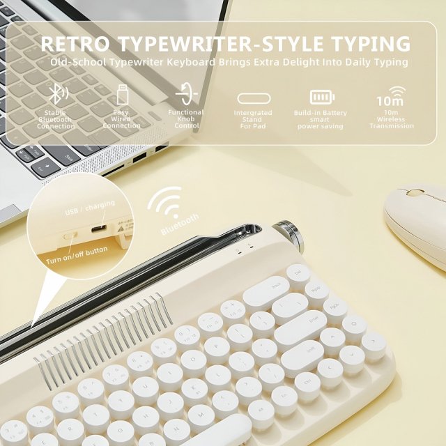 Wireless Retro Typewriter Keyboard with Stand & Round Keycaps - Image 3