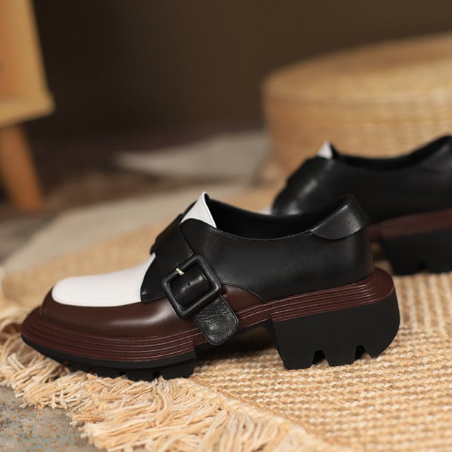Genuine Leather Mixed Color Loafers for Women – Square Toe Slip-On Heels - Image 4