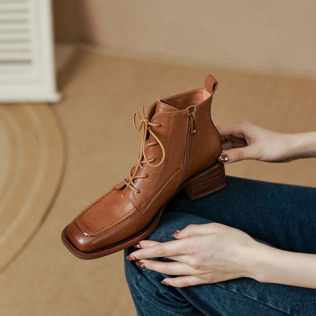 Women's Genuine Leather Lace-Up Ankle Boots – Handmade Elegant Retro Booties - Image 6