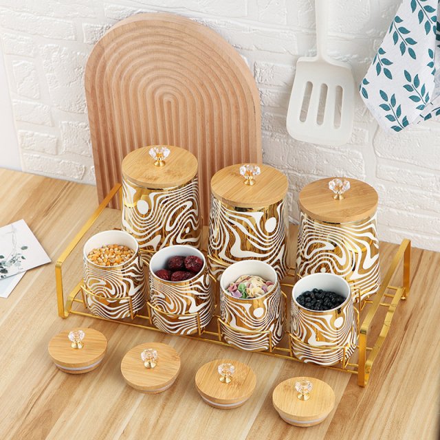Ceramic Kitchen Storage Jars with Wooden Lids and Metal Rack - Image 2
