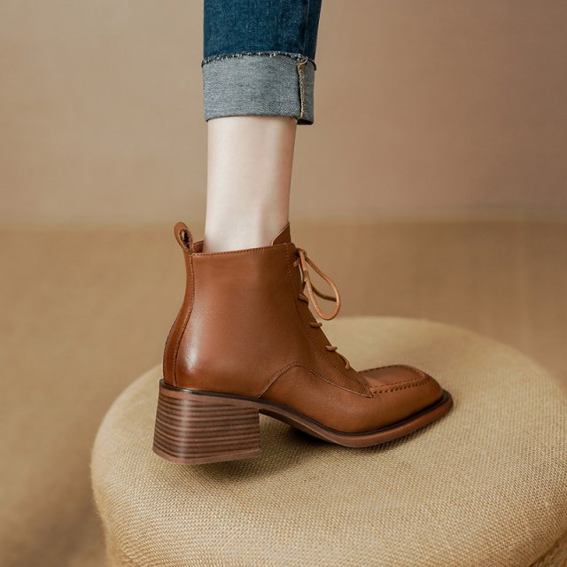 Women's Genuine Leather Lace-Up Ankle Boots – Handmade Elegant Retro Booties - Image 5