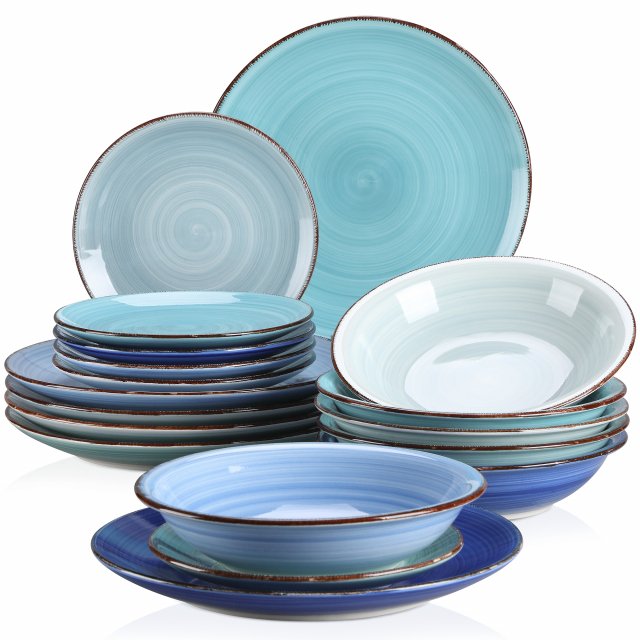 Blue Swirl Earthenware Dinnerware Set for 6 People - 18 Pieces