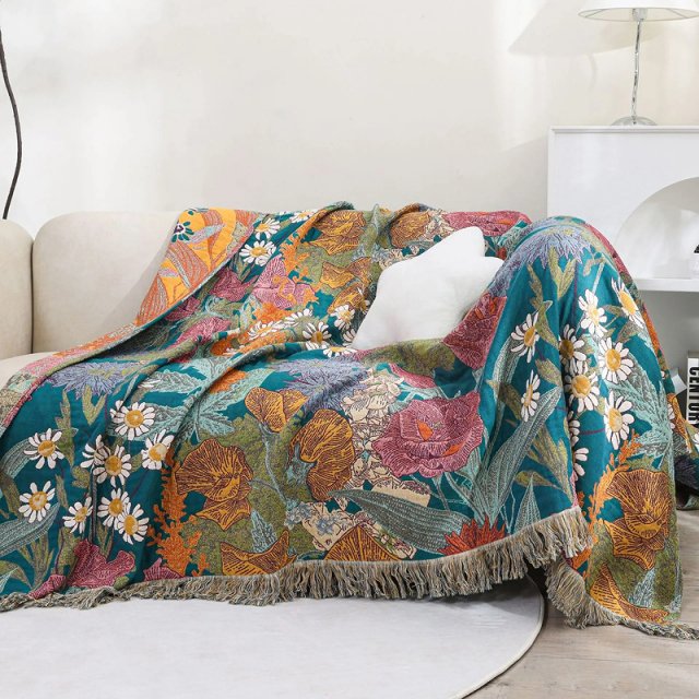 Floral Cotton Towel Blanket with Tassels - Image 3
