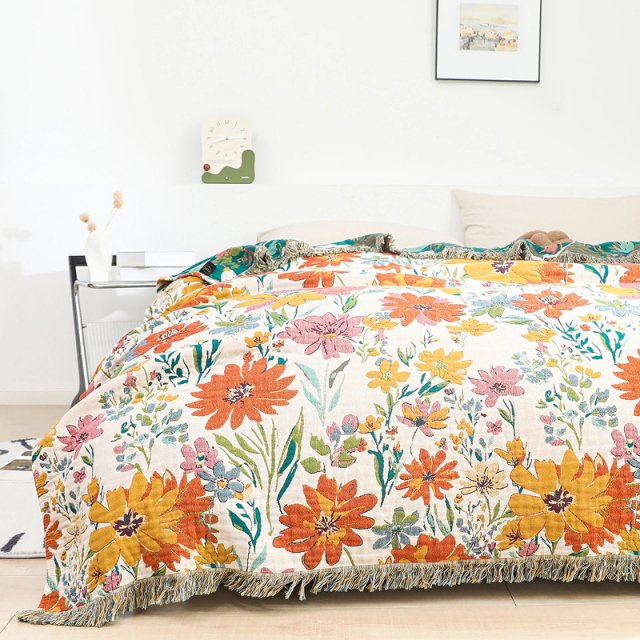 Floral Cotton Towel Blanket with Tassels, Double-Sided Jacquard - Image 6