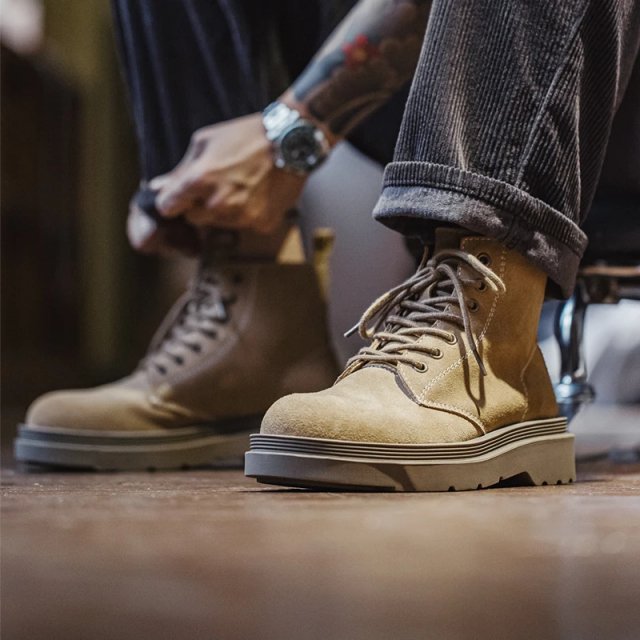 Men's Cow Suede Work Boots – Warm Mid-Calf Lace-Up Winter Shoes with Rubber Sole - Image 4