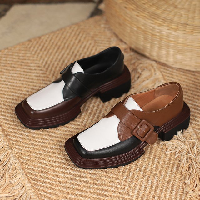 Genuine Leather Mixed Color Loafers for Women – Square Toe Slip-On Heels - Image 6