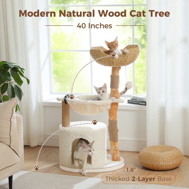 Modern Wood Cat Tree with Wicker Basket, Hammock & Scratching Posts - Image 2