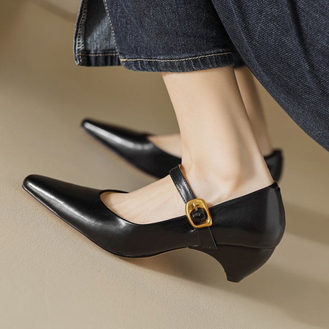 Elegant Pointed Toe Mary Jane High Heel Pumps – Genuine Leather, Size 4-9 - Image 2