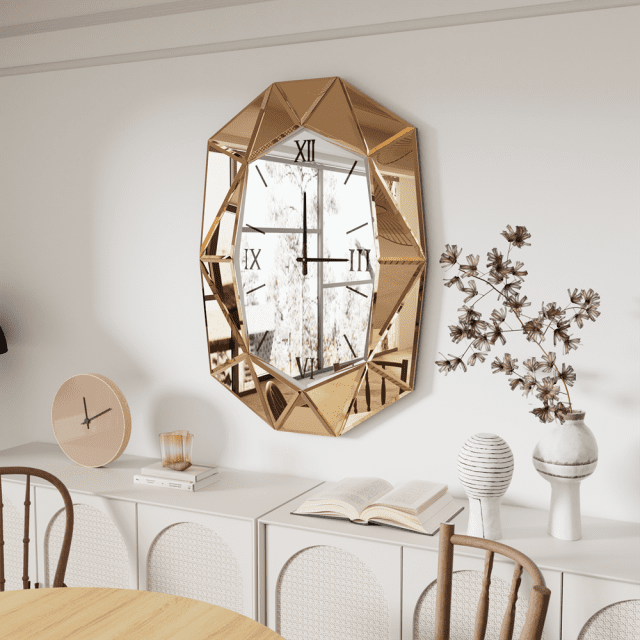Irregular Beveled Mirror Wall Clock with Roman Numerals – Silent Quartz Movement - Image 3