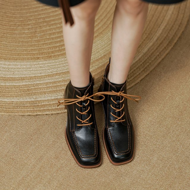 Women's Genuine Leather Lace-Up Ankle Boots – Handmade Elegant Retro Booties - Image 3